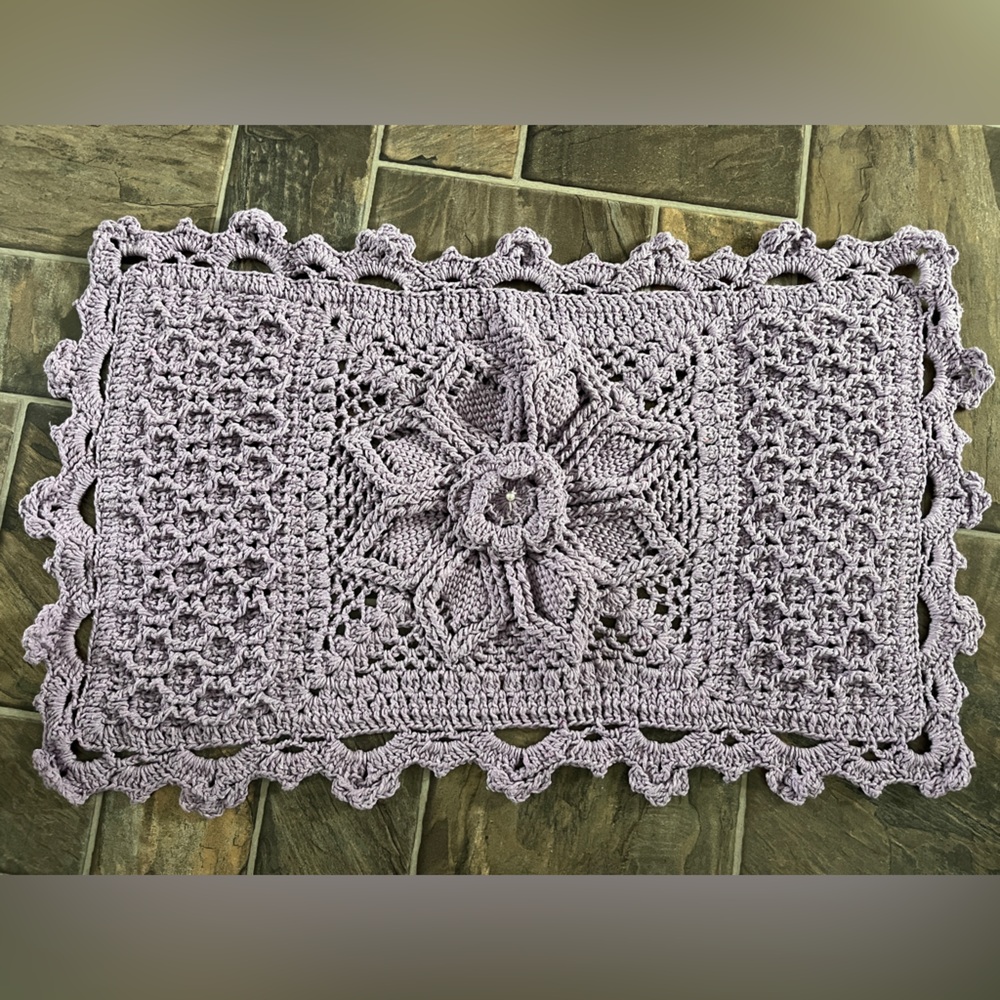 Handmade in Brazil Lavender Crochet Doily Rug with Floral Motif
